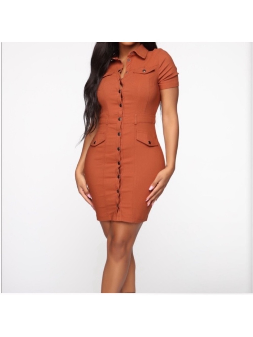 Fashion Nova Rust Button-Front Shirt Dress